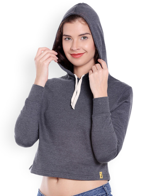 

Campus Sutra Women Charcoal Solid Hooded Sweatshirt