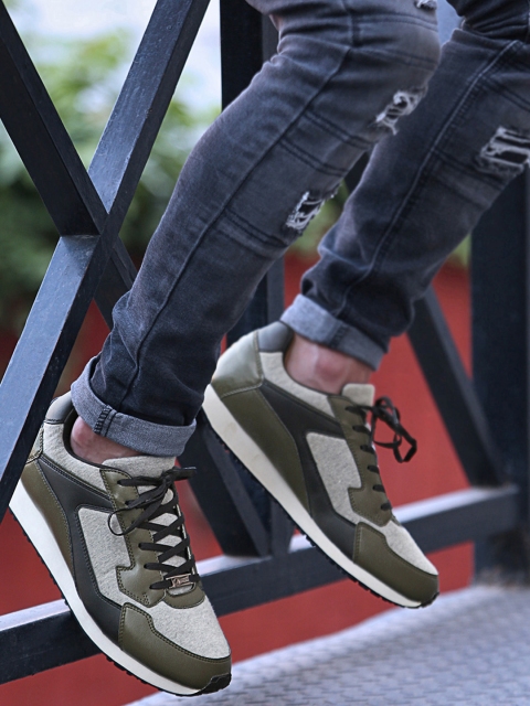 

Pepsi Men Olive Green & Grey Melange Contrast City Sneakers