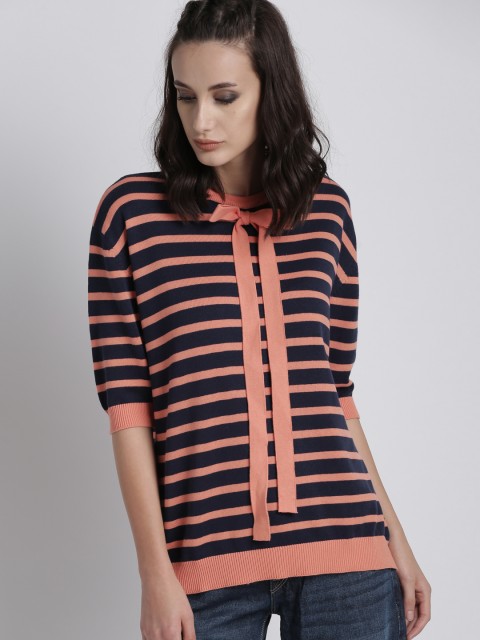 

Chemistry Women Navy Blue & Peach Striped Pullover