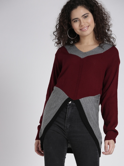 

Chemistry Women Maroon & Grey Melange Colourblocked Sweater