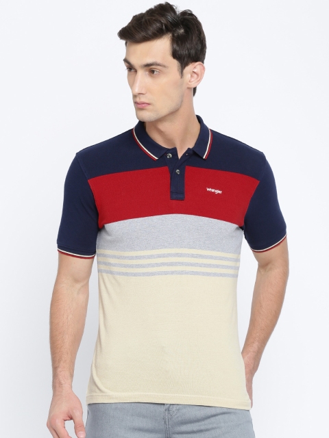 

Wrangler Men Beige & Navy Colourblocked Polo T-shirt