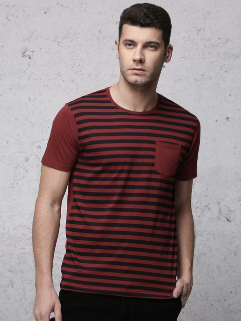 

Ecko Unltd Men Maroon & Navy Striped Round Neck T-shirt