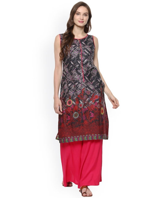 

Pannkh Women Black Printed Straight Kurta