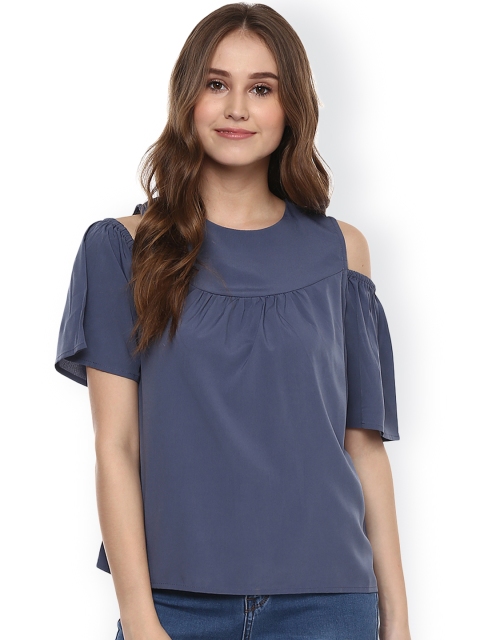 

Harpa Women Grey Solid Cold Shoulder Top