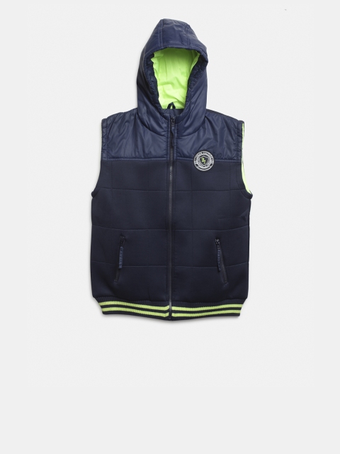 

Palm Tree Boys Navy Blue Solid Sleeveless Hooded Bomber Jacket