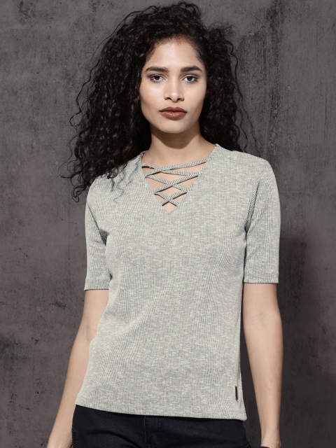 

Roadster Women Grey Striped Top