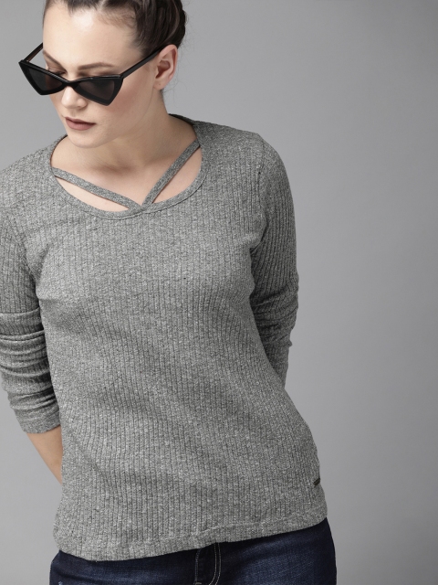 

Roadster Women Grey Melange Solid Knitted Top