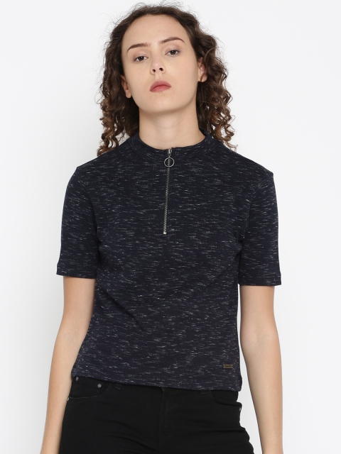 

Roadster Women Navy Blue Solid Mandarin Collar T-shirt