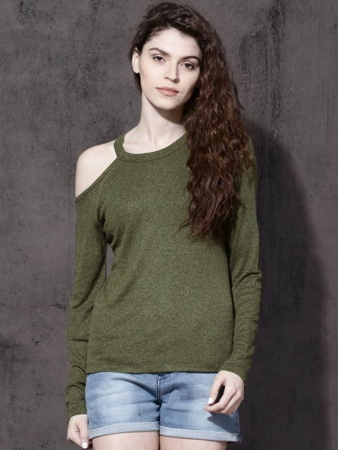 

Roadster Women Olive Green Solid Round Neck T-shirt