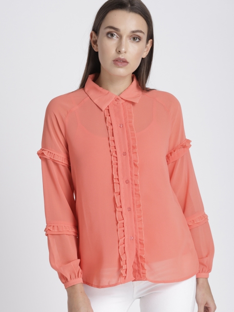 

Chemistry Women Coral Orange Solid Semi-Sheer Casual Shirt