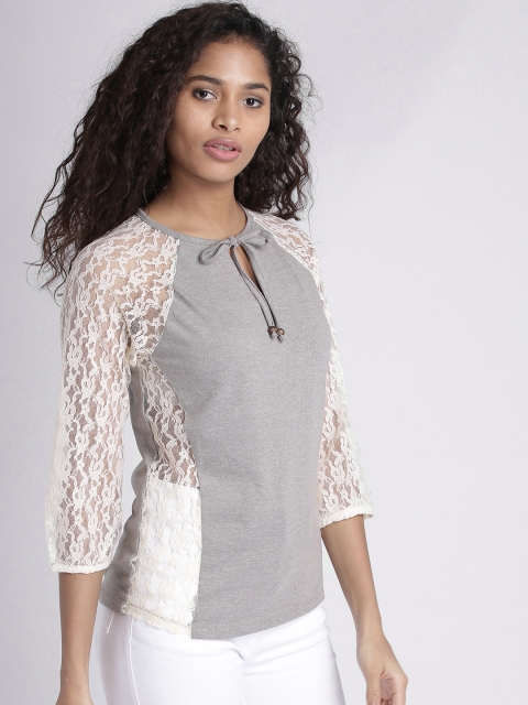 

Chemistry Women Grey Melange Lace Detail Semi-Sheer Top