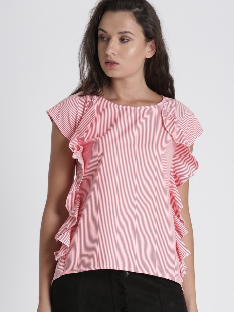 

Chemistry Women Red & White Striped Ruffled Top