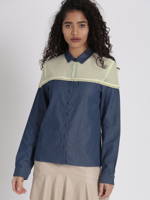 

Chemistry Women Blue Solid Denim Shirt Style Pure Cotton Top