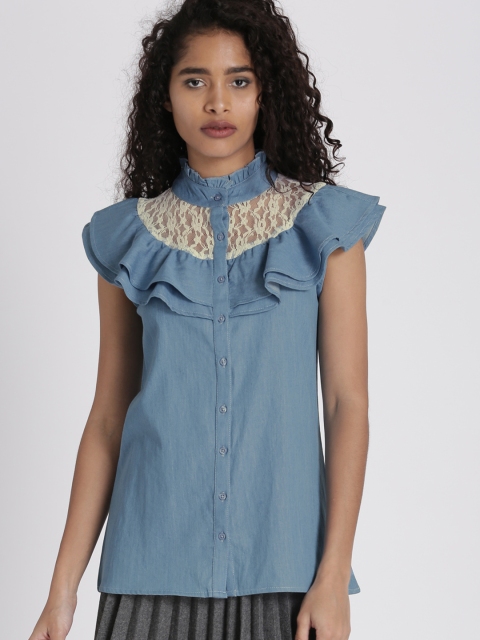 

Chemistry Women Blue Solid Denim Shirt Style Top