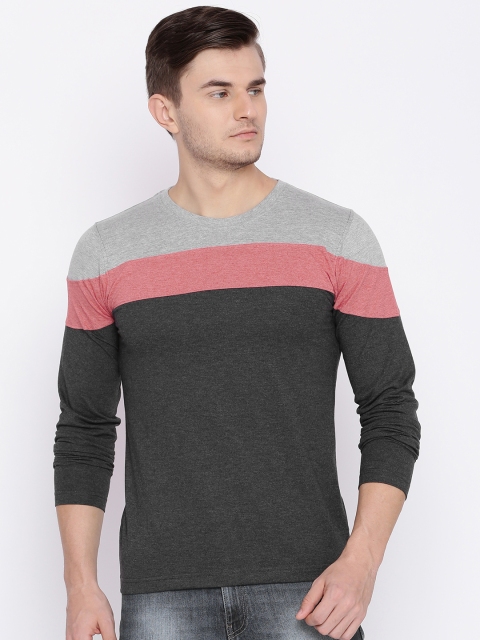 

American Crew Men Charcoal Grey Colourblocked Round Neck T-shirt
