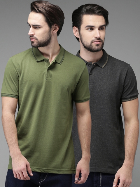 HERENOW Men Solid Pack of 2 Polo Pure Cotton T-shirts, Olive