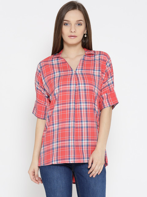 

Mast & Harbour Women Coral Pink Checked Shirt Style Top