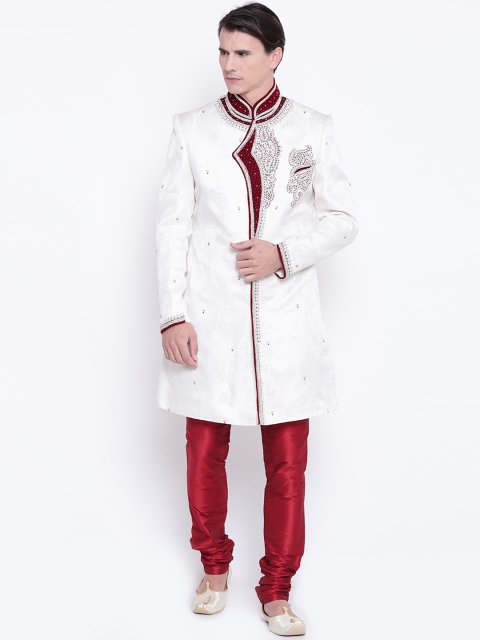 

Manish Creations White & Red Silk Patterned Sherwani