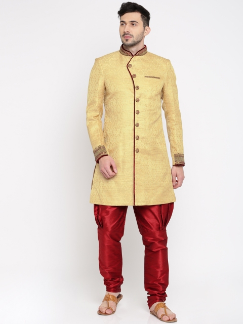 

Manish Creations Beige & Red Patterned Sherwani
