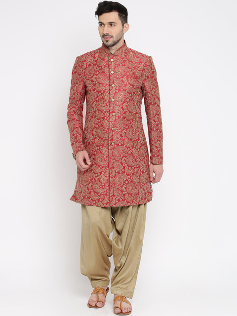 

Manish Creations Red & Beige Self-Design Sherwani