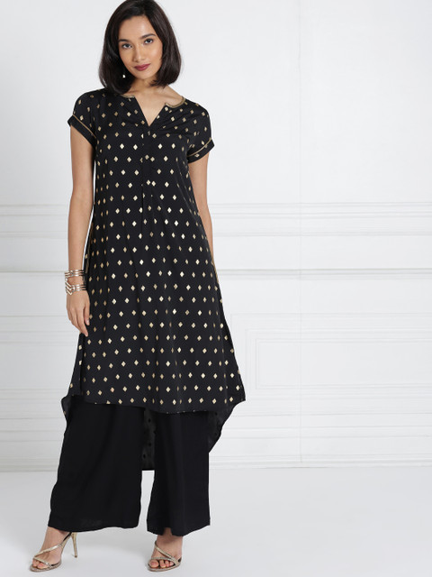 

all about you Women Black Printed A-Line High-Low Kurta