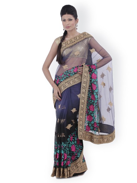 

Chhabra 555 Blue Net Embroidered Saree