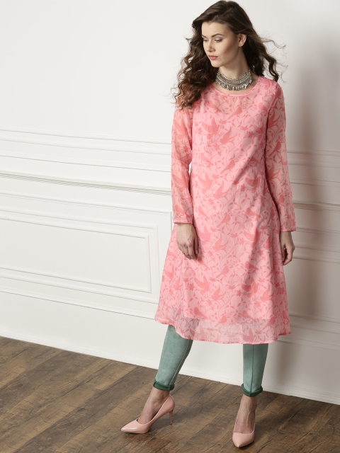 

all about you Women Pink Birds Printed A-Line Kurta