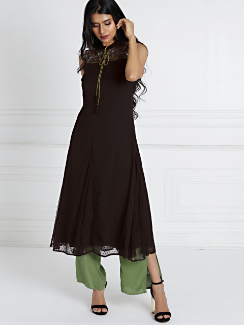 

all about you Women Black Woven Design Anarkali Embroidered Kurta