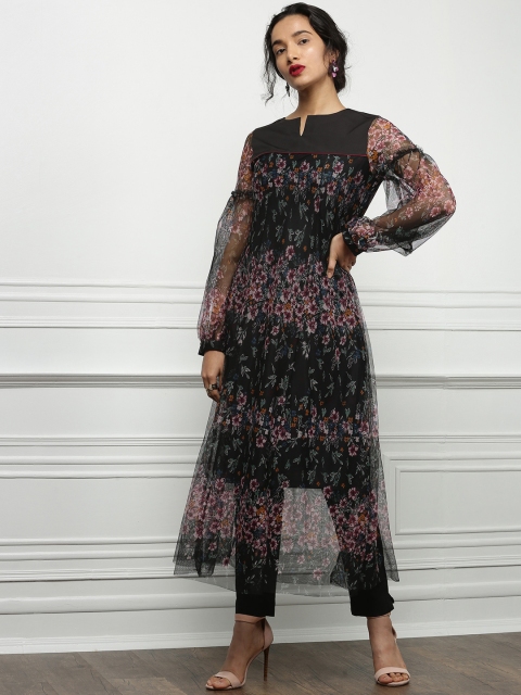 

all about you Women Black Printed Mesh A-Line Kurta