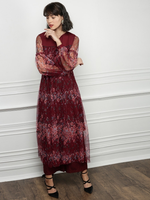 

all about you Women Maroon Floral Print A-Line Kurta