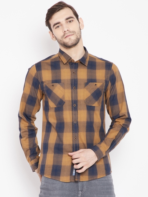 

People Men Khaki & Navy Blue Regular Fit Checked Casual Shirt
