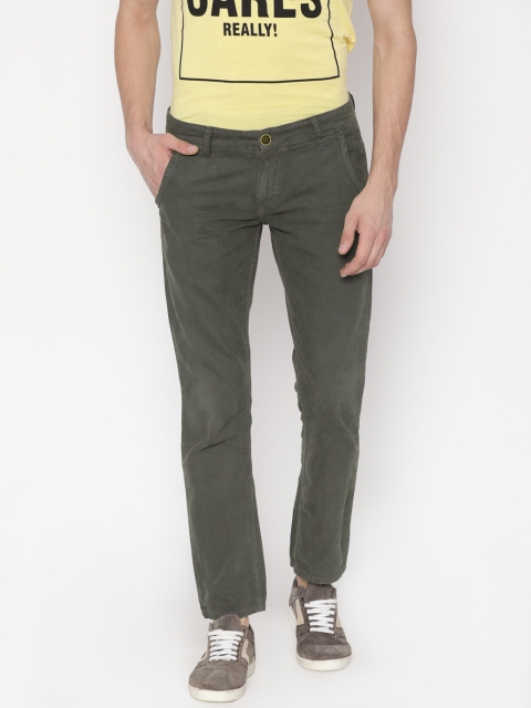 

People Men Olive Green Slim Fit Solid Regular Trousers