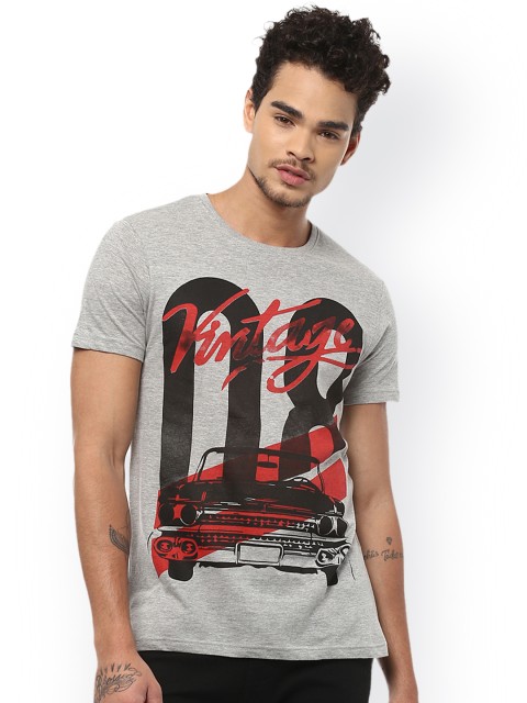 

People Men Grey Printed Round Neck T-shirt
