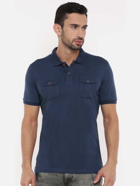 

People Men Navy Blue Solid Polo Collar T-shirt