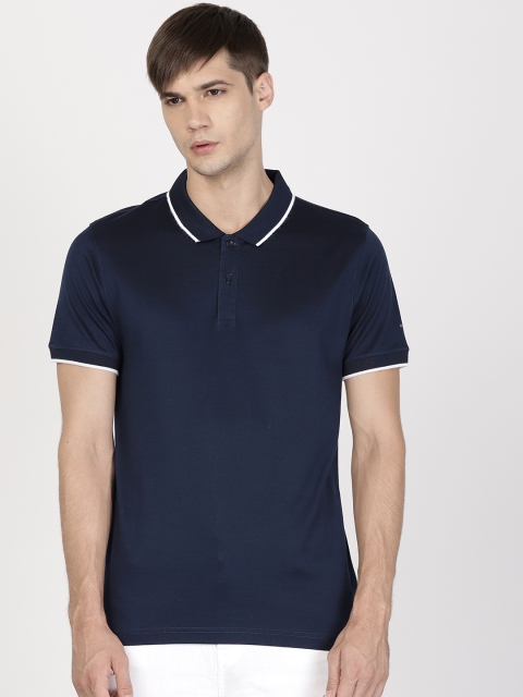 

ether Men Navy Solid Polo Collar Double Mercerised T-shirt, Navy blue