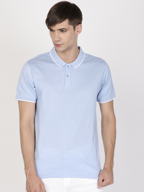 

ether Men Blue Solid Polo Collar Double Mercerised T-shirt