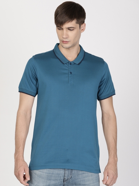 

ether Men Teal Blue Solid Polo Collar Double Mercerised T-shirt