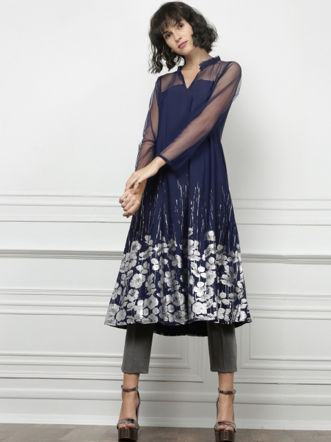

all about you Women Navy Floral Foil Print A-Line Kurta, Navy blue