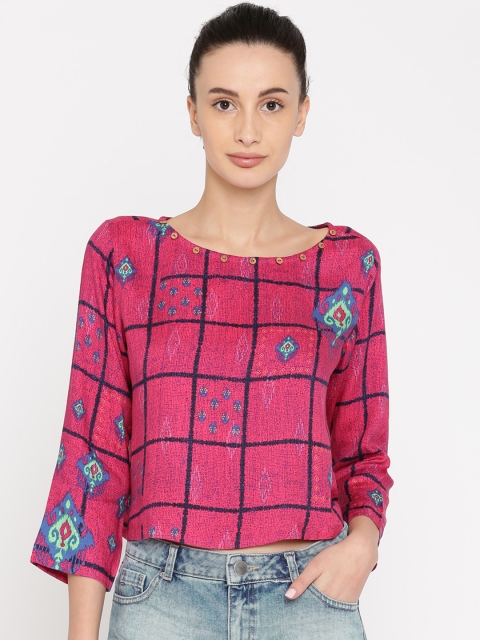 

Global Desi Women Magenta & Navy Checked Top