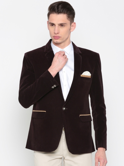 

RG DESIGNERS Men Burgundy Solid Single-Breasted Blazer