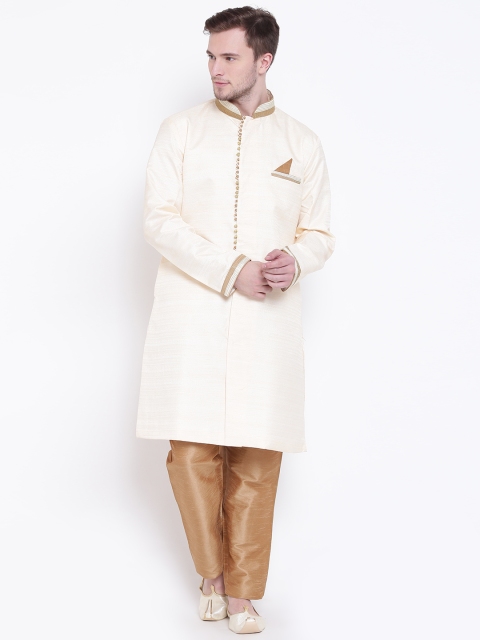 

RG DESIGNERS Men Cream-Coloured & Brown Solid Kurta with Trousers