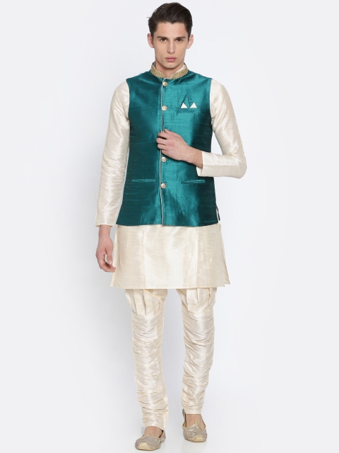 

RG DESIGNERS Men Off-White & Teal Green Solid Kurta with Churidar and Jacket