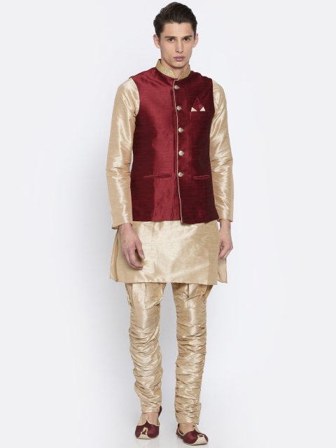 

RG DESIGNERS Men Beige & Red Solid Kurta with Churidar and Jacket