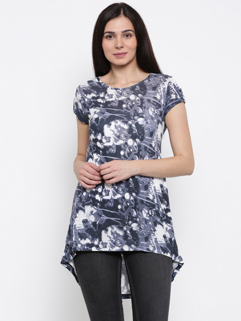 

Lee Cooper Women Navy Printed Round Neck High-Low T-shirt, Navy blue