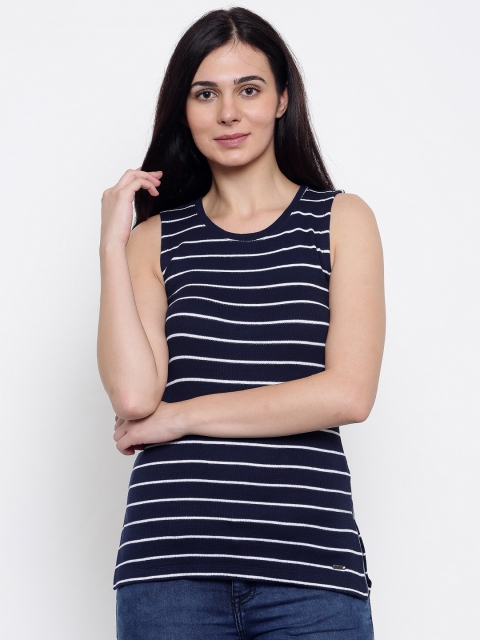 

Lee Cooper Women Blue Striped High-Low Pure Cotton Top