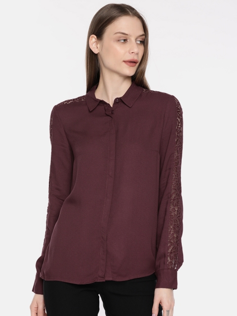 

promod Women Burgundy Regular Fit Solid Casual Shirt with Lace Inserts