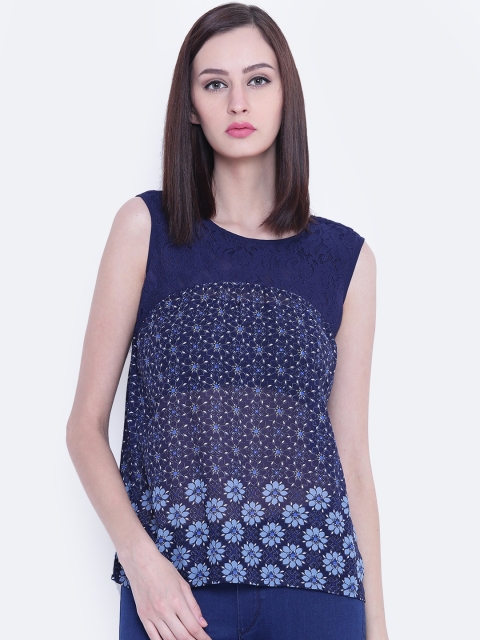 

Lee Cooper Women Navy Printed Semi-Sheer A-Line Top, Navy blue