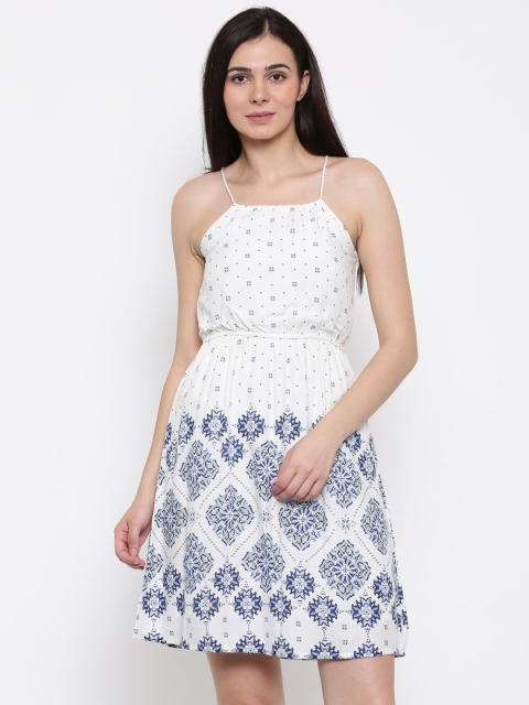 

Lee Cooper Women White & Blue Printed A-Line Dress