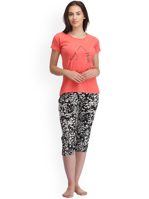 

Clovia Black & Coral Orange Printed Lounge Set LS0182P13