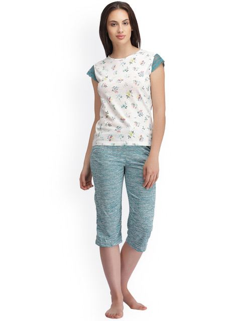 

Clovia White & Green Printed Lounge Set LS0185P11